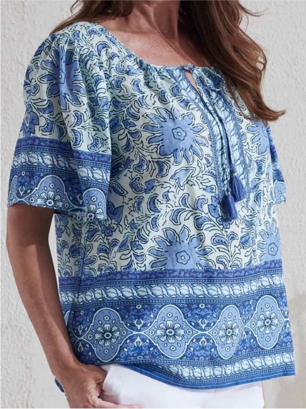 NWT Tribal Jeans Bluestar Printed Short Sleeve Tassel Tie Top Blue Size XL